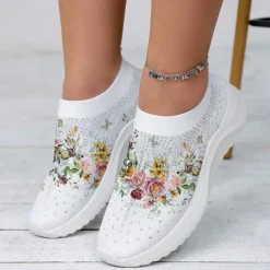 Women's White Floral Knit Slip-On Sneakers – Breathable Lightweight Walking Shoes with Rhinestone Accents for Casual Wear, Travel, and Spring Outfits