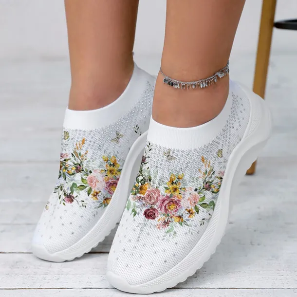 Women's White Floral Knit Slip-On Sneakers – Breathable Lightweight Walking Shoes with Rhinestone Accents for Casual Wear, Travel, and Spring Outfits