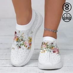 Women's White Floral Knit Slip-On Sneakers – Breathable Lightweight Walking Shoes with Rhinestone Accents for Casual Wear, Travel, and Spring Outfits