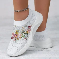 Women's White Floral Knit Slip-On Sneakers – Breathable Lightweight Walking Shoes with Rhinestone Accents for Casual Wear, Travel, and Spring Outfits