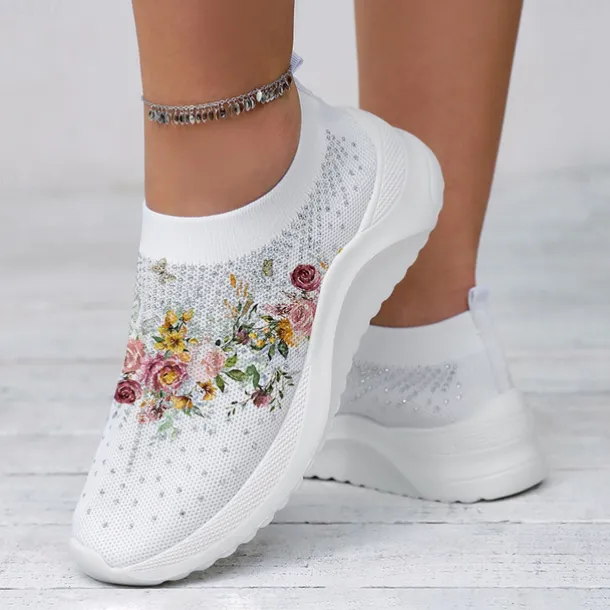 Women's White Floral Knit Slip-On Sneakers – Breathable Lightweight Walking Shoes with Rhinestone Accents for Casual Wear, Travel, and Spring Outfits