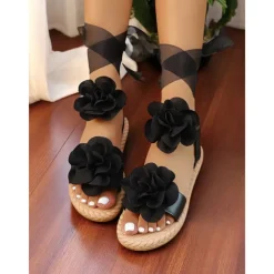 Women's White Flower Lace-Up Flat Sandals, Casual Wedding Style, Beach Bride Shoes with Ribbon Straps and Floral Details