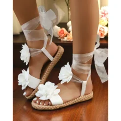 Women's White Flower Lace-Up Flat Sandals, Casual Wedding Style, Beach Bride Shoes with Ribbon Straps and Floral Details