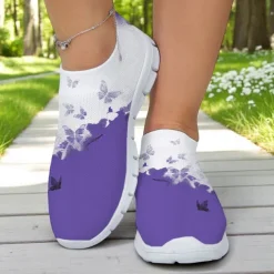 Women's White Fly Knit Walking Shoes with Colorful Dragonfly Print – Lightweight Breathable Casual Slip-Ons for Outdoor Walks, Summer Travel and Everyday Wear