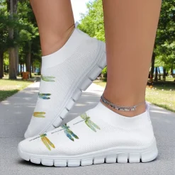 Women's White Fly Knit Walking Shoes with Colorful Dragonfly Print – Lightweight Breathable Casual Slip-Ons for Outdoor Walks, Summer Travel and Everyday Wear