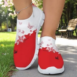 Women's White Fly Knit Walking Shoes with Colorful Dragonfly Print – Lightweight Breathable Casual Slip-Ons for Outdoor Walks, Summer Travel and Everyday Wear