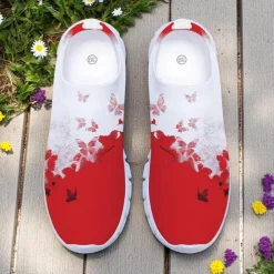 Women's White Fly Knit Walking Shoes with Colorful Dragonfly Print – Lightweight Breathable Casual Slip-Ons for Outdoor Walks, Summer Travel and Everyday Wear