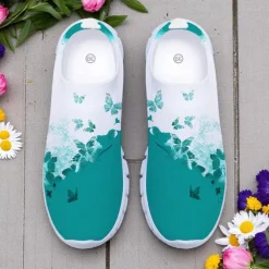 Women's White Fly Knit Walking Shoes with Colorful Dragonfly Print – Lightweight Breathable Casual Slip-Ons for Outdoor Walks, Summer Travel and Everyday Wear