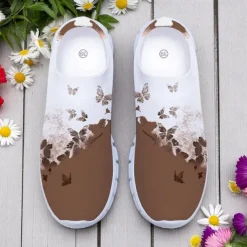 Women's White Fly Knit Walking Shoes with Colorful Dragonfly Print – Lightweight Breathable Casual Slip-Ons for Outdoor Walks, Summer Travel and Everyday Wear