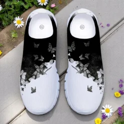 Women's White Fly Knit Walking Shoes with Colorful Dragonfly Print – Lightweight Breathable Casual Slip-Ons for Outdoor Walks, Summer Travel and Everyday Wear