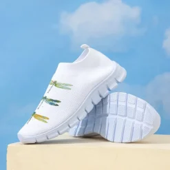 Women's White Fly Knit Walking Shoes with Colorful Dragonfly Print – Lightweight Breathable Casual Slip-Ons for Outdoor Walks, Summer Travel and Everyday Wear