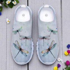 Women's White Fly Knit Walking Shoes with Colorful Dragonfly Print – Lightweight Breathable Casual Slip-Ons for Outdoor Walks, Summer Travel and Everyday Wear