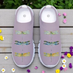 Women's White Fly Knit Walking Shoes with Colorful Dragonfly Print – Lightweight Breathable Casual Slip-Ons for Outdoor Walks, Summer Travel and Everyday Wear