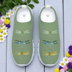 Women's White Fly Knit Walking Shoes with Colorful Dragonfly Print – Lightweight Breathable Casual Slip-Ons for Outdoor Walks, Summer Travel and Everyday Wear