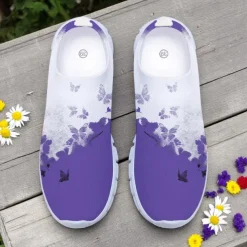 Women's White Fly Knit Walking Shoes with Colorful Dragonfly Print – Lightweight Breathable Casual Slip-Ons for Outdoor Walks, Summer Travel and Everyday Wear