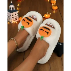 Women's White Fuzzy Halloween Pumpkin Slippers – Soft Indoor House Shoes with Funny Cartoon Design for Autumn and Holiday Lounge Wear