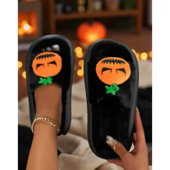 Women's White Fuzzy Halloween Pumpkin Slippers – Soft Indoor House Shoes with Funny Cartoon Design for Autumn and Holiday Lounge Wear
