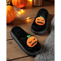 Women's White Fuzzy Halloween Pumpkin Slippers – Soft Indoor House Shoes with Funny Cartoon Design for Autumn and Holiday Lounge Wear