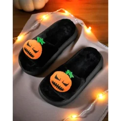Women's White Fuzzy Halloween Pumpkin Slippers – Soft Indoor House Shoes with Funny Cartoon Design for Autumn and Holiday Lounge Wear