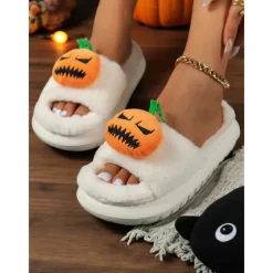 Women's White Fuzzy Halloween Pumpkin Slippers – Soft Indoor House Shoes with Funny Cartoon Design for Autumn and Holiday Lounge Wear