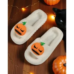 Women's White Fuzzy Halloween Pumpkin Slippers – Soft Indoor House Shoes with Funny Cartoon Design for Autumn and Holiday Lounge Wear