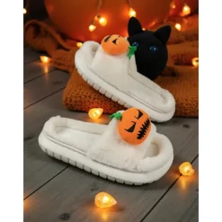 Women's White Fuzzy Halloween Pumpkin Slippers – Soft Indoor House Shoes with Funny Cartoon Design for Autumn and Holiday Lounge Wear