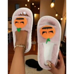 Women's White Fuzzy Halloween Pumpkin Slippers – Soft Indoor House Shoes with Funny Cartoon Design for Autumn and Holiday Lounge Wear