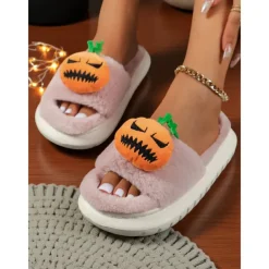 Women's White Fuzzy Halloween Pumpkin Slippers – Soft Indoor House Shoes with Funny Cartoon Design for Autumn and Holiday Lounge Wear