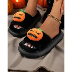 Women's White Fuzzy Halloween Pumpkin Slippers – Soft Indoor House Shoes with Funny Cartoon Design for Autumn and Holiday Lounge Wear