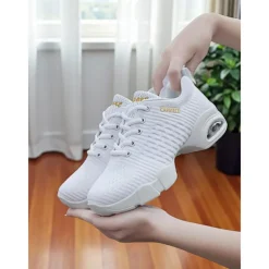Women's White Jazz Dance Sneakers - Breathable Lace-Up Shoes for Practice, Performance & Fitness Dance Classes