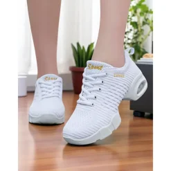 Women's White Jazz Dance Sneakers - Breathable Lace-Up Shoes for Practice, Performance & Fitness Dance Classes