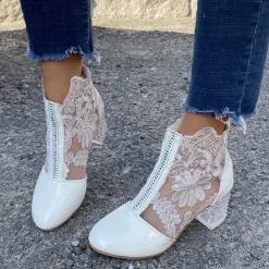 Women's White Lace Ankle Boots with Transparent Block Heel - Perfect for Weddings and Special Events