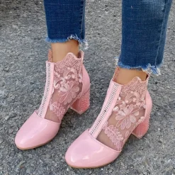 Women's White Lace Ankle Boots with Transparent Block Heel - Perfect for Weddings and Special Events