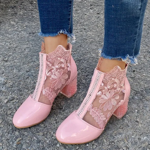 Women's White Lace Ankle Boots with Transparent Block Heel - Perfect for Weddings and Special Events