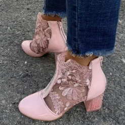 Women's White Lace Ankle Boots with Transparent Block Heel - Perfect for Weddings and Special Events