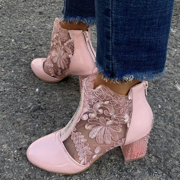 Women's White Lace Ankle Boots with Transparent Block Heel - Perfect for Weddings and Special Events