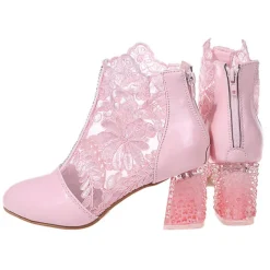 Women's White Lace Ankle Boots with Transparent Block Heel - Perfect for Weddings and Special Events