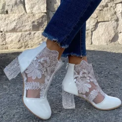 Women's White Lace Ankle Boots with Transparent Block Heel - Perfect for Weddings and Special Events