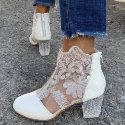 Women's White Lace Ankle Boots with Transparent Block Heel - Perfect for Weddings and Special Events