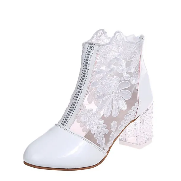 Women's White Lace Ankle Boots with Transparent Block Heel - Perfect for Weddings and Special Events