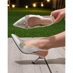Women's White Lace Slingback Kitten Heels with Rhinestone Embellishments - Vintage-Inspired Cocktail Party Shoes for Bridesmaids, Garden Receptions and Outdoor Celebrations