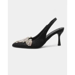 Women's White Lace Slingback Kitten Heels with Rhinestone Embellishments - Vintage-Inspired Cocktail Party Shoes for Bridesmaids, Garden Receptions and Outdoor Celebrations