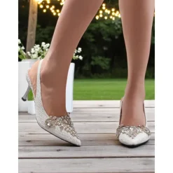 Women's White Lace Slingback Kitten Heels with Rhinestone Embellishments - Vintage-Inspired Cocktail Party Shoes for Bridesmaids, Garden Receptions and Outdoor Celebrations