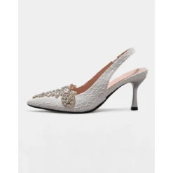Women's White Lace Slingback Kitten Heels with Rhinestone Embellishments - Vintage-Inspired Cocktail Party Shoes for Bridesmaids, Garden Receptions and Outdoor Celebrations