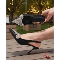 Women's White Lace Slingback Kitten Heels with Rhinestone Embellishments - Vintage-Inspired Cocktail Party Shoes for Bridesmaids, Garden Receptions and Outdoor Celebrations