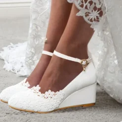 Women's White Lace Wedge Wedding Shoes – Elegant Floral Embroidery with Ankle Strap for Brides and Special Occasions