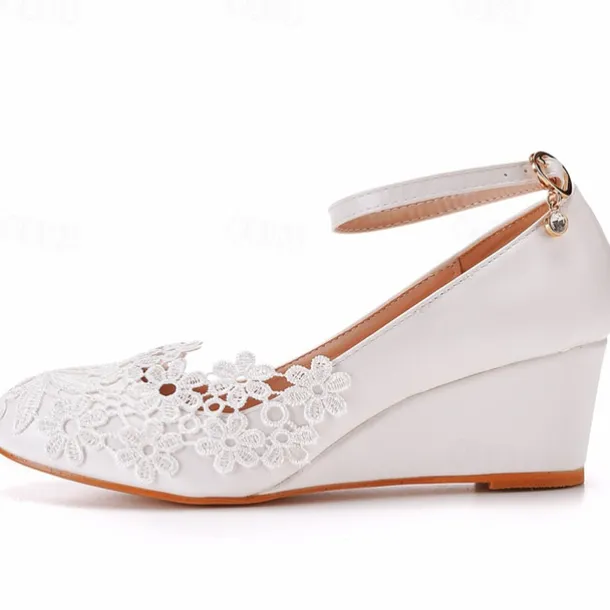 Women's White Lace Wedge Wedding Shoes – Elegant Floral Embroidery with Ankle Strap for Brides and Special Occasions