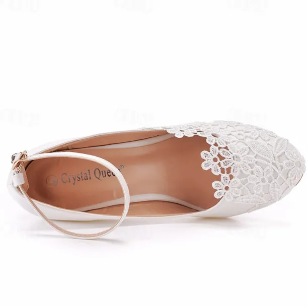 Women's White Lace Wedge Wedding Shoes – Elegant Floral Embroidery with Ankle Strap for Brides and Special Occasions