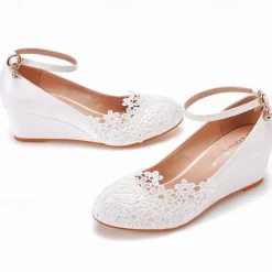 Women's White Lace Wedge Wedding Shoes – Elegant Floral Embroidery with Ankle Strap for Brides and Special Occasions