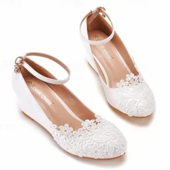 Women's White Lace Wedge Wedding Shoes – Elegant Floral Embroidery with Ankle Strap for Brides and Special Occasions
